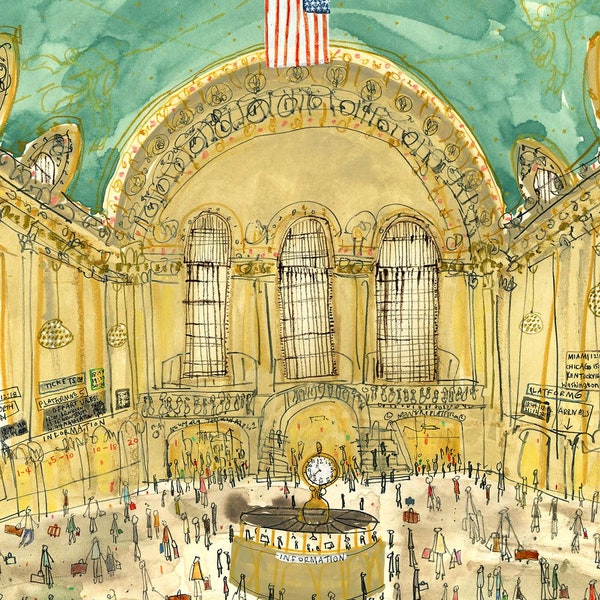 Grand CENTRAL Sketch, art New York 11 x 14, décoration murale NYC, voyage en train New York, dessin de la ville, voyage d'architecture, peinture aquarelle