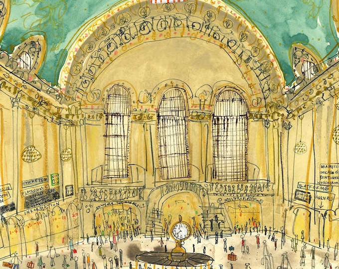 GRAND CENTRAL Sketch, New York 11 x 14 Art, NYC Wall Decor, Train Travel New York, City Drawing, Architecture Travel, Watercolor Painting