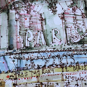 May include: A watercolor painting of a Parisian restaurant with the word "PARIS" in large white letters. The restaurant is called "Le Paris" and is a "Tres Taurant de Paris".