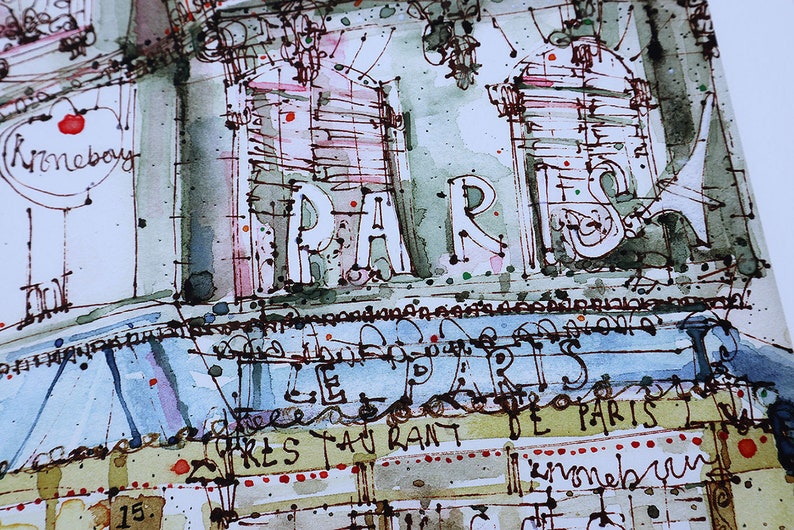 May include: A watercolor painting of a Parisian restaurant with the word "PARIS" in large white letters. The restaurant is called "Le Paris" and is a "Tres Taurant de Paris".