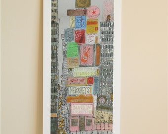 SALE 25% New York Print, Times Square Picture, Dunkin Donuts NYC, Yellow Taxis, Manhattan City Art, Acrylic Painting, Skyscraper Sketch