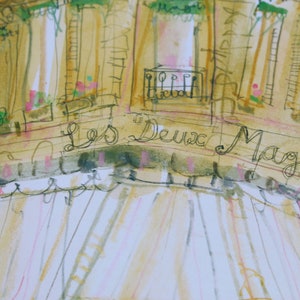 May include: Watercolor painting of a building facade with the text "Les Deux Magots" in cursive. The artwork features a palette of beige, pink, and green, with architectural details like balconies and awnings. The style is reminiscent of a sketch.