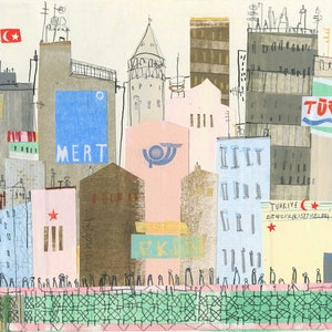 GALATA BRIDGE PRINT, Istanbul Drawing, Large Giclee Print, Sketch Turkey, Galata Tower, Painting Turkey, Harborside Eminönü, Clare Caulfield