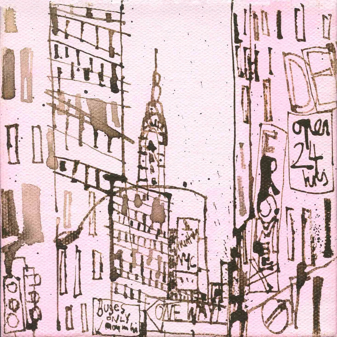 マンハッタンアクリル絵 ピンクのニューヨークスケッチ 12x12 NYC ジクレープリント、建築