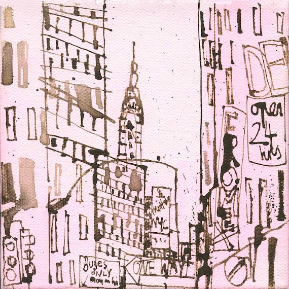 ピンクのニューヨークスケッチ 12x12 NYC ジクレープリント、建築 