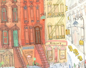 BROWNSTONE NEW YORK, New York Print, 11 x 14 New York Art, Bleecker Street, Greenwich Village, Taxi Cab Picture, Watercolor