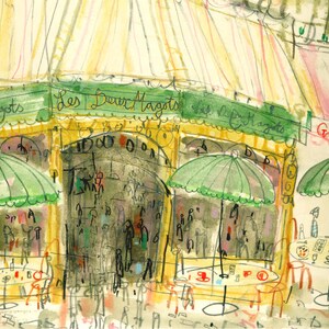 May include: Watercolor painting of a Parisian cafe, "Les Deux Magots", with green umbrellas and outdoor seating. The cafe's name is displayed in green lettering. Figures of people are visible inside and outside the cafe.