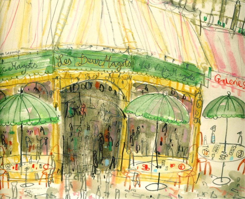 May include: Watercolor painting of a Parisian cafe, "Les Deux Magots", with green umbrellas and outdoor seating. The cafe's name is displayed in green lettering. Figures of people are visible inside and outside the cafe.
