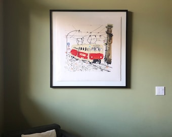 Prague Tram Print, Large Czech Artwork, Red Tram Drawing, Signed Giclee Print, Raiffeisen Bank, Sedliste Sketch, Clare Caulfield