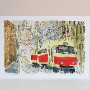 PRAGUE TRAM PRINT, Czech Republic, Tram Watercolor Painting, Limited Edition Giclee, Architecture Art, Old Town Prague, City Painting Sketch
