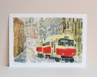 PRAGUE TRAM PRINT, Czech Republic, Tram Watercolor Painting, Limited Edition Giclee, Architecture Art, Old Town Prague, City Painting Sketch