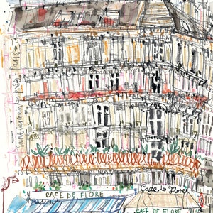 May include: A watercolor illustration of a Parisian cafe, Cafe de Flore, with a blue awning and tables and chairs set up outside. The cafe is located on a street in the Saint Germain des Pres neighborhood of Paris, France. The text "Cafe de Flore" is written on the awning of the cafe.