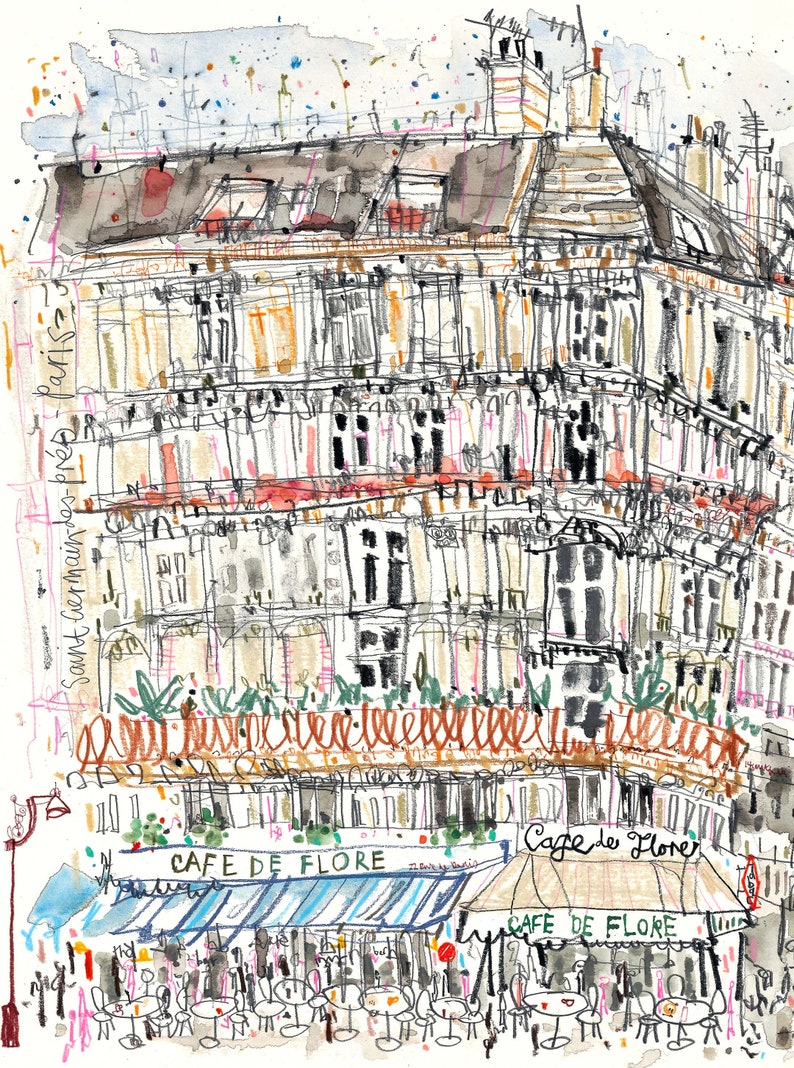 May include: A watercolor illustration of a Parisian cafe, Cafe de Flore, with a blue awning and tables and chairs set up outside. The cafe is located on a street in the Saint Germain des Pres neighborhood of Paris, France. The text "Cafe de Flore" is written on the awning of the cafe.