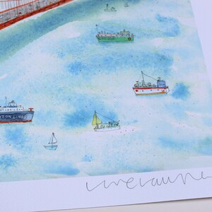 May include: A watercolor print featuring a red suspension bridge in the upper left corner and various boats, including a blue Horizon Lines cargo ship, a green vessel, and several smaller sailboats, floating on a light blue water surface.
