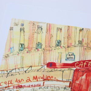 May include: Watercolor illustration of a Parisian cafe, "Cafe des 2 Moulins," with red awning and street sign. The artwork features a building facade with windows and the text "RUE LEPIC."