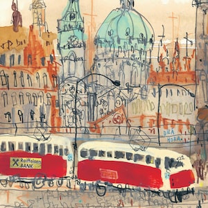 PRAGUE ART PRINT, Czech Republic Painting, 8x10 Tram Drawing, Prague Wall Art, Watercolor Sketch, Old Town Prague, Red Tram Giclee Print