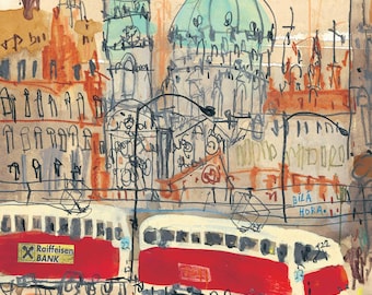 PRAGUE ART PRINT, Czech Republic Painting, 8x10 Tram Drawing, Prague Wall Art, Watercolor Sketch, Old Town Prague, Red Tram Giclee Print