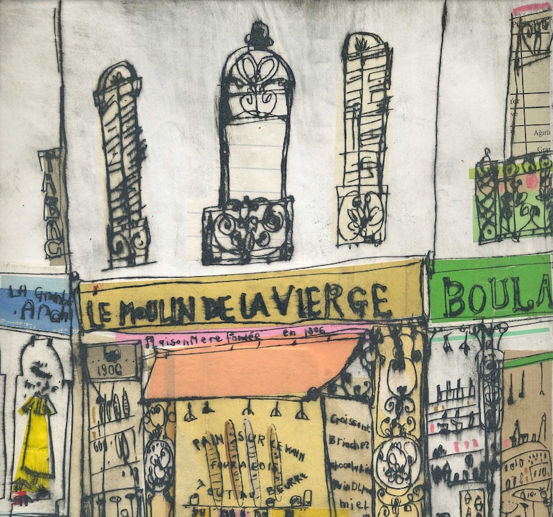 May include: An artistic illustration of a French bakery, featuring the text "LE MOULIN DE LA VIERGE" and "BOULA". The image includes architectural details, shop signs, and a variety of baked goods, with a vintage aesthetic.