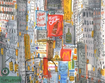 TIMES SQUARE TAXIS, 11x14 New York print, Manhattan Wall Decor, Yellow Taxi Sketch, City Drawing, Skyscraper Picture, Billboard Signs