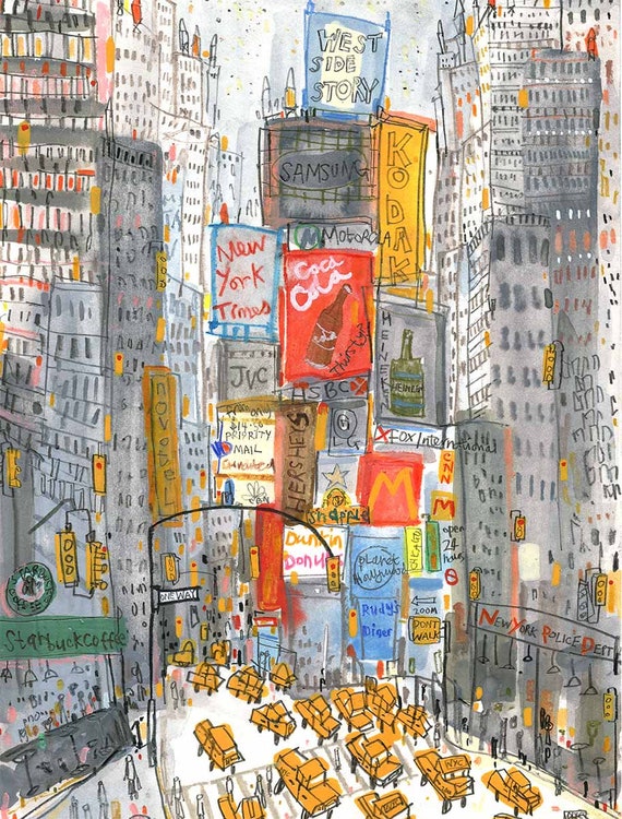 TIMES SQUARE TAXIS, 11x14 New York Print, Manhattan Wall Decor, Yellow Taxi  Sketch, City Drawing, Skyscraper Picture, Billboard Signs - Etsy