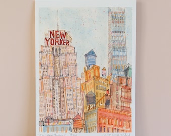 THE NEW YORKER, Stampa della città firmata, Acquerello, Edizione limitata, Architettura di New York, Arte murale di New York, Grattacielo, Manhattan