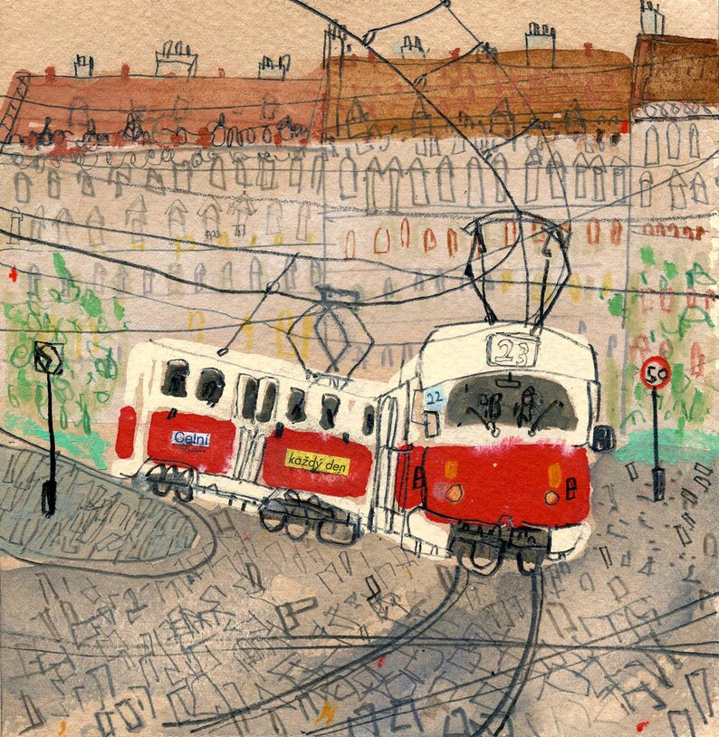 Prague Art Print, Prague Tram Painting, Czech Republic, City Travel Decor, Prague Watercolor Painting, Limited Edition Giclee, Architecture image 7