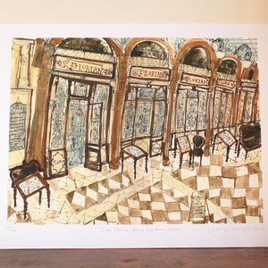 Puede incluir: Una pintura de acuarela de una cafeter&iacute;a llamada "Florian" en Venecia, Italia. La cafeter&iacute;a tiene un suelo de ajedrez y est&aacute; decorada con detalles ornamentados. La pintura est&aacute; firmada "Lore-Dani 12M".