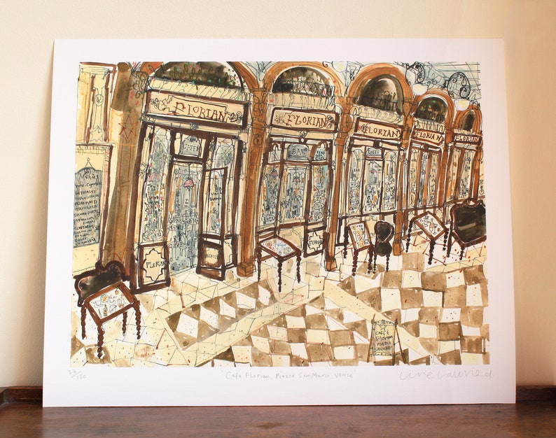 Puede incluir: Una pintura de acuarela de una cafeter&iacute;a llamada "Florian" en Venecia, Italia. La cafeter&iacute;a tiene un suelo de ajedrez y est&aacute; decorada con detalles ornamentados. La pintura est&aacute; firmada "Lore-Dani 12M".