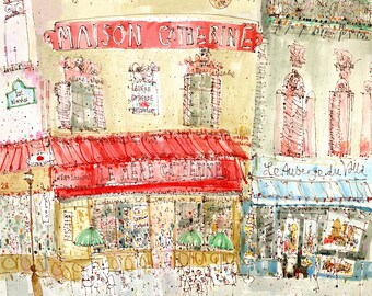 MERE CATHERINE PARIS French City Sketch, Parisian Art Print, Limited Edition Giclee print, Mixed media painting, Watercolour Clare Caulfield