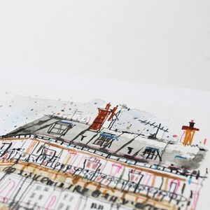 May include: A watercolor painting of a building with a brown roof and multiple windows. The building has a white facade with a series of balconies. The painting is done in a loose, expressive style with a lot of detail.