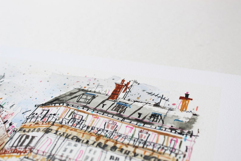 May include: A watercolor painting of a building with a brown roof and multiple windows. The building has a white facade with a series of balconies. The painting is done in a loose, expressive style with a lot of detail.