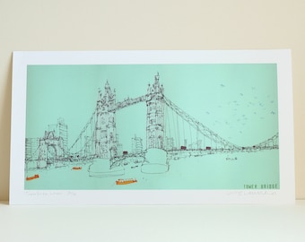 LONDON BRIDGE ART, Tower Bridge Print, Signed Limited Edition Giclee, Boats River Thames, London Bus, Graphic Bold Colour, Clare Caulfield