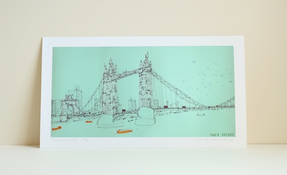 LONDON BRIDGE ART, Tower Bridge Print, Signed Limited Edition Giclee, Boats River Thames, London Bus, Graphic Bold Colour, Clare Caulfield