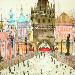 May include: A watercolor painting of a bridge with a tower in the center. The tower is brown and has a pointed roof. There are buildings on either side of the bridge, and people are walking across it. The painting is done in a whimsical style, with bright colors and loose brushstrokes.