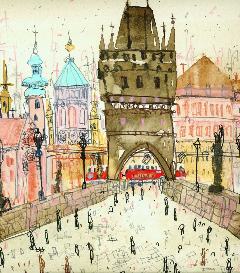 May include: A watercolor painting of a bridge with a tower in the center. The tower is brown and has a pointed roof. There are buildings on either side of the bridge, and people are walking across it. The painting is done in a whimsical style, with bright colors and loose brushstrokes.