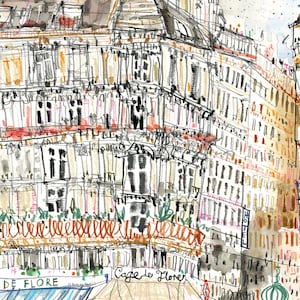 CAFE DE FLORE Grote Paris Cafe Art Print, Parisian Street, ondertekende gicleeprint, Frans restaurant, aquarel, City Street tekening