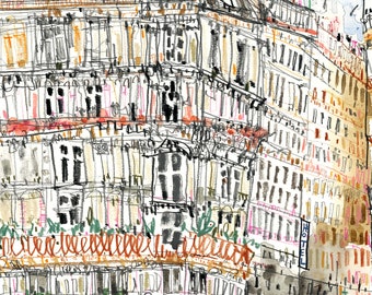 CAFE DE FLORE Large Paris Cafe Art Print, Parisian Street, Signed Giclee Print, French Restaurant, Watercolor Painting, City Street Drawing