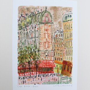 May include: A watercolor illustration of a Parisian cafe scene with a red building and a cafe called "Cafe Rouge" with tables and chairs outside. The text "Cafe Rouge, Paris" and "line launeid" are written at the bottom of the image.