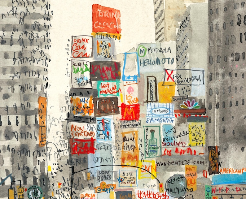 May include: A watercolor painting of a city street scene with tall buildings and many colorful signs. The signs feature various brands and slogans, including "Drink Coca-Cola", "Motorola Hello Moto", "Samsung", and "New York Times".