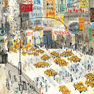 May include: A watercolor painting of a busy city street scene in New York City. The painting features yellow taxis, pedestrians, and buildings with signs, including "Starbucks Coffee", "Dunkin Donuts", "Planet Hollywood", and "Reuters.com".
