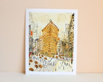 Impression d'art FLATIRON, New York Art 11 x 14, Flatiron Building, dessin de taxi de New York, croquis de Manhattan, peinture de la ville des Etats-Unis, voyage d'Architecture