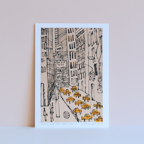 New York City Taxi Drawing, Signed Art Print, New York Painting, Manhattan Street, Dont Walk, One Way, NYC Sign, Skyscrapers Clare Caulfield