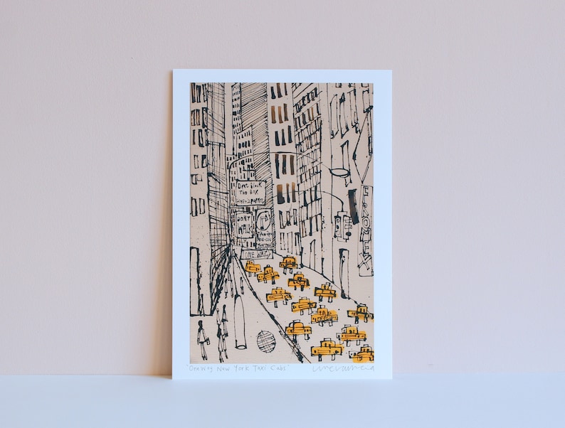 New York City Taxi Drawing, Signed Art Print, New York Painting, Manhattan Street, Dont Walk, One Way, NYC Sign, Skyscrapers Clare Caulfield image 1