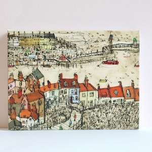 WHITBY CANVAS ART, Tela esticada, Quadro de Yorkshire, Pintura costeira, Vista da escadaria de Whitby, Desenho à beira-mar, Arte de Clare Caulfield