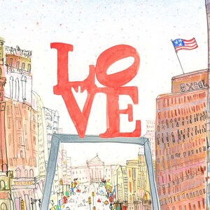 May include: A watercolor painting of a cityscape with a red "LOVE" sculpture in the foreground. The sculpture is made of large, bold letters and is set against a backdrop of buildings and a street scene. The painting is done in a loose, expressive style, with a focus on capturing the energy and vibrancy of the city.