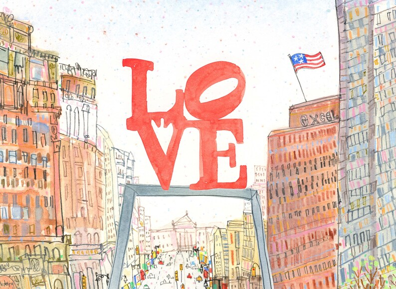 May include: A watercolor painting of a cityscape with a red "LOVE" sculpture in the foreground. The sculpture is made of large, bold letters and is set against a backdrop of buildings and a street scene. The painting is done in a loose, expressive style, with a focus on capturing the energy and vibrancy of the city.