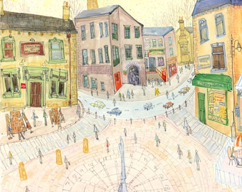 HEBDEN BRIDGE 11x14, Yorkshire Giclee Print, St Georges Square, Shoulder of Mutton, Drawing of Hebden, West Yorkshire, Clare Caulfield