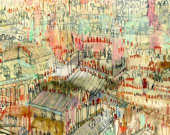 LARGE PARIS PRINT, Rooftops of Paris, Watercolor Painting, Parisian View Sketch, Signed Giclee Print, French City Drawing