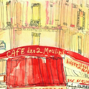 May include: A watercolour painting of a cafe in Paris, France. The cafe is called "Cafe des 2 Moulins" and has a red awning. The sign also says "Buffet chaud et froid" and "Bar brasserie".
