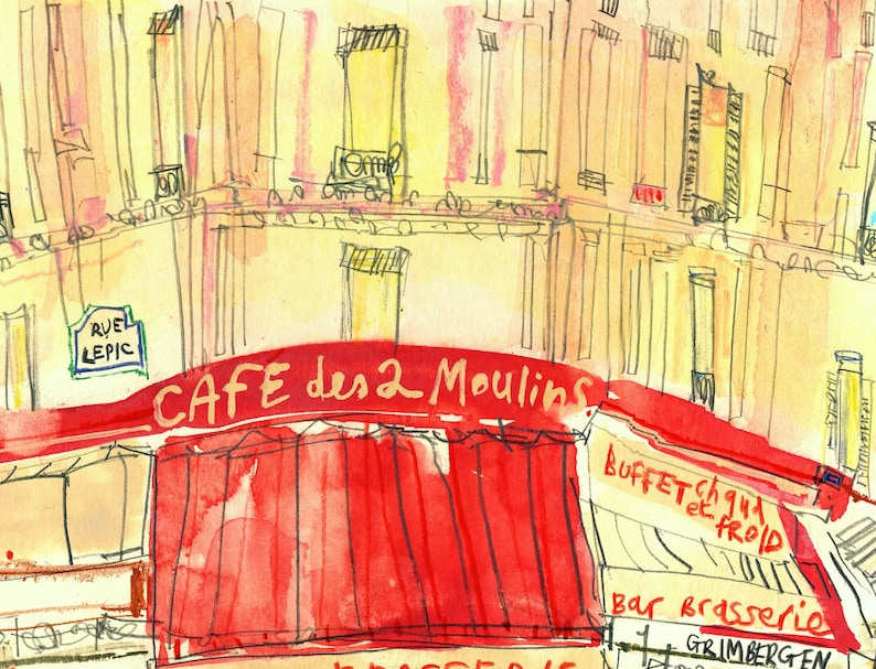 May include: A watercolour painting of a cafe in Paris, France. The cafe is called "Cafe des 2 Moulins" and has a red awning. The sign also says "Buffet chaud et froid" and "Bar brasserie".